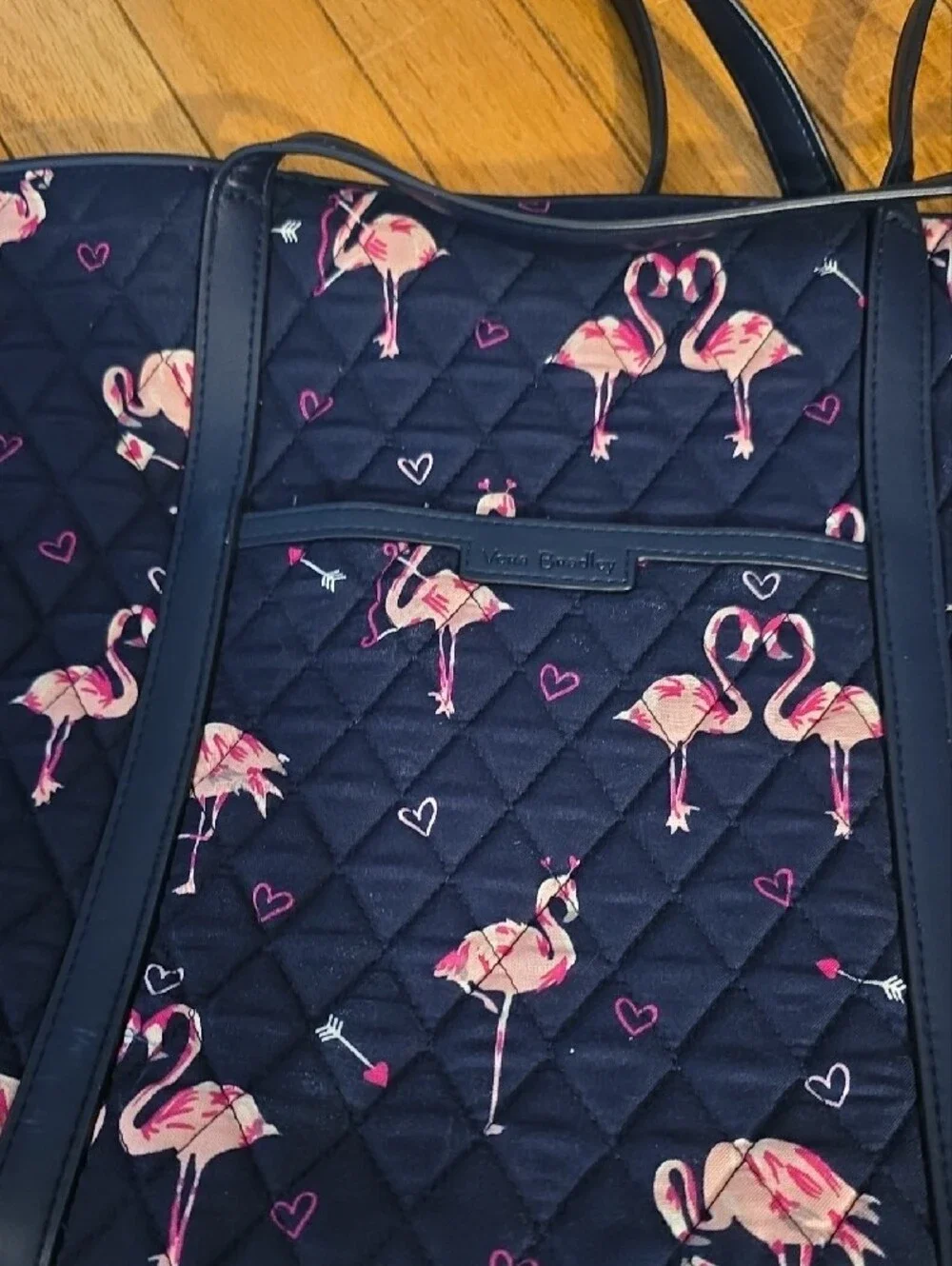 Quilted Navy Tote Bag with Pink Flamingo Print